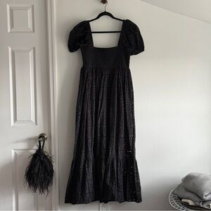 Ganni Shirred Broderie Anglaise Cotton Maxi Dress in Black